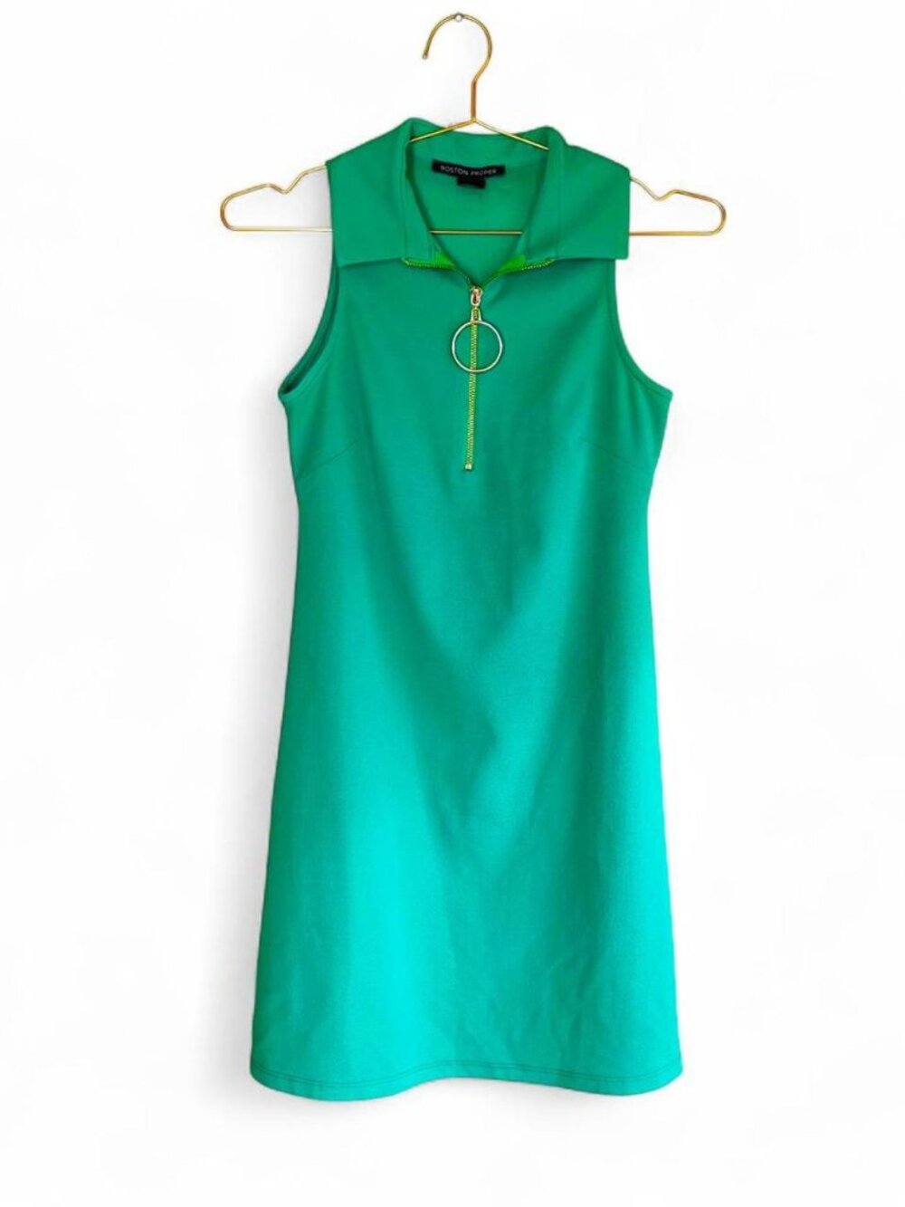 Boston Proper Green Sleeveless Zip Front Mini Dress – O-Ring Pull Collared Shift